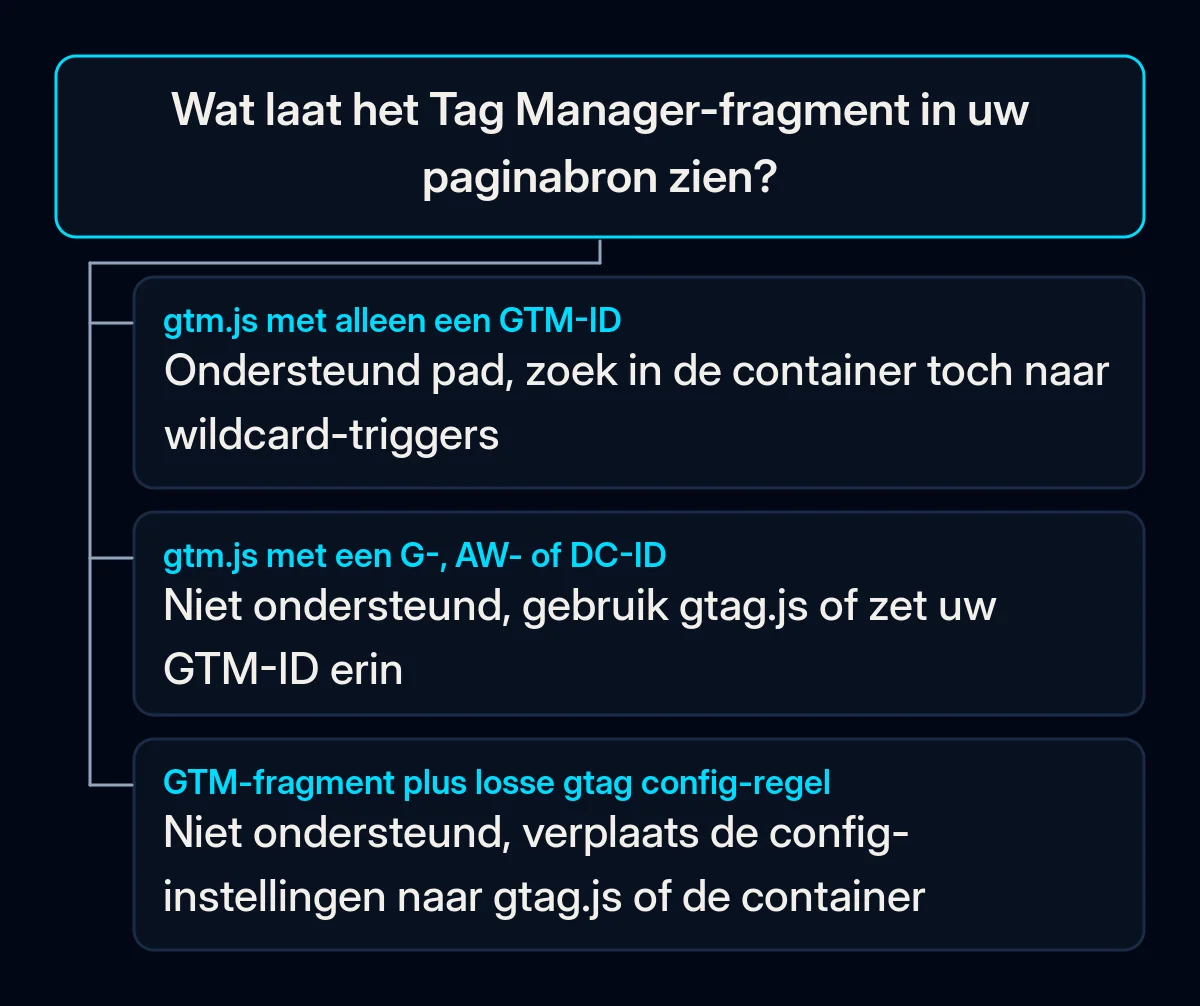 Beslisboom: wat het Tag Manager-fragment in uw paginabron laat zien en welke oplossing Google voor elk geval biedt