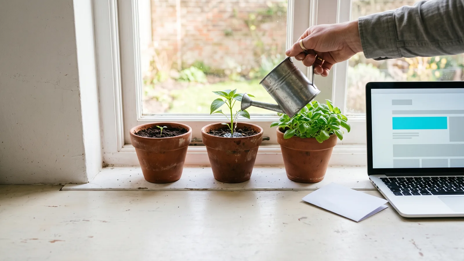 Fotografía editorial de un alféizar soleado: tres macetas de terracota con la misma planta en tres fases, un brote, una planta joven y otra frondosa, una mano regando la maceta del medio y un portátil con una página en blanco y un bloque cian