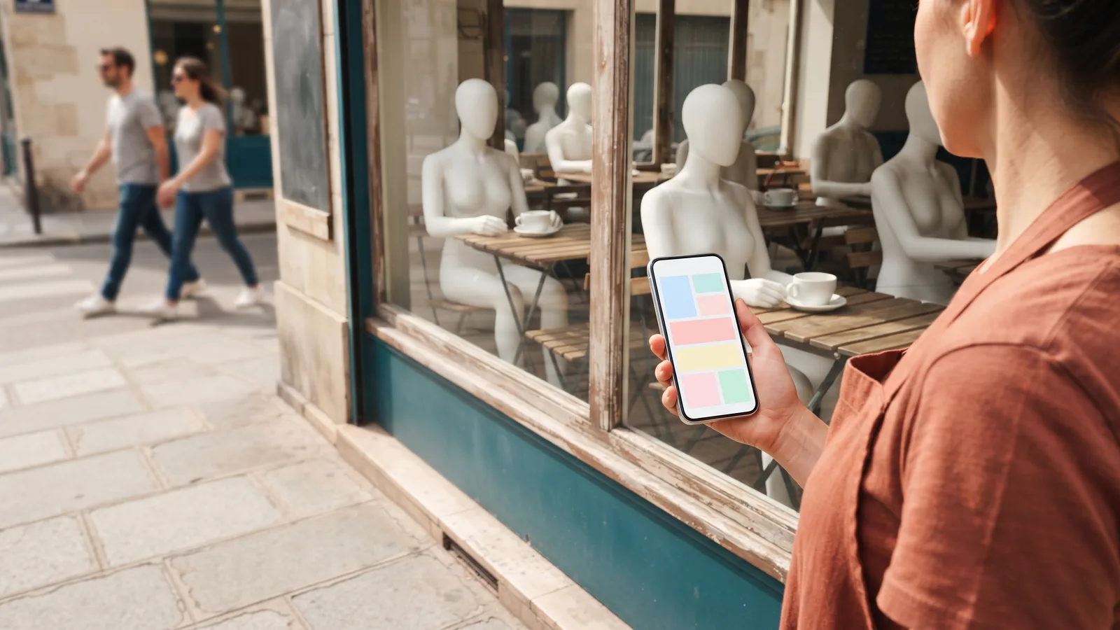 A cafe owner holds a phone showing blank colour blocks outside a window where faceless mannequins fill every table