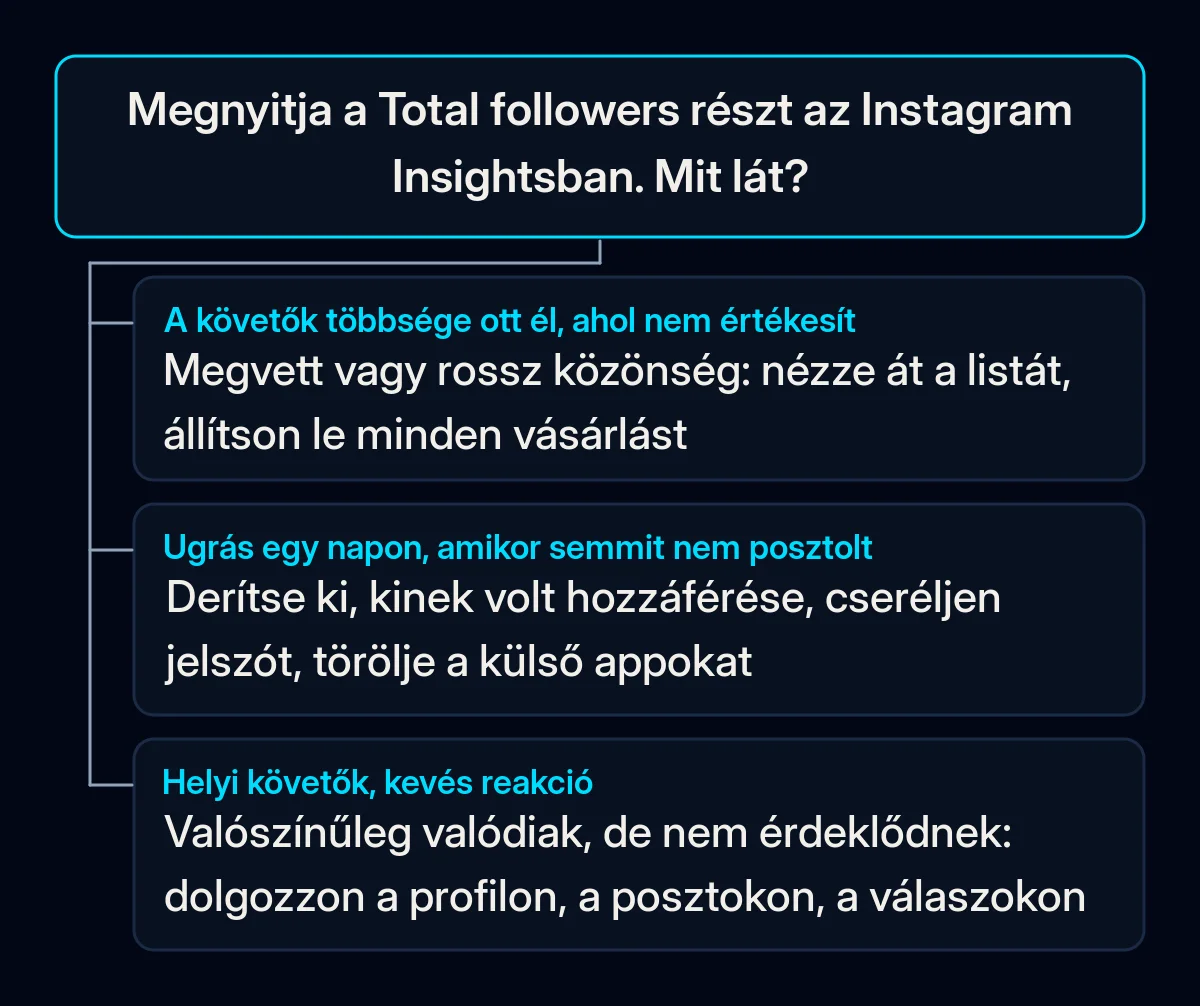 Döntési fa az Instagram Insights Total followers részétől, három válasszal: követők olyan helyekről, ahol soha nem értékesített, növekedési ugrás egy csendes napon, és helyi követők, akik ritkán reagálnak