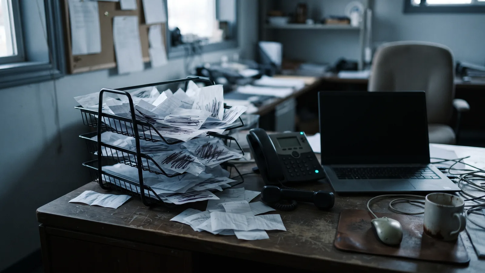 Documentary photograph of a cluttered sales desk by a window: a three-tier wire tray overflowing with crumpled paper slips scribbled over in marker, more slips scattered on the worn desk, a desk telephone with its handset lying off the hook and a small cyan light on its base, an open unbranded laptop with a dark screen, a mug and a mouse