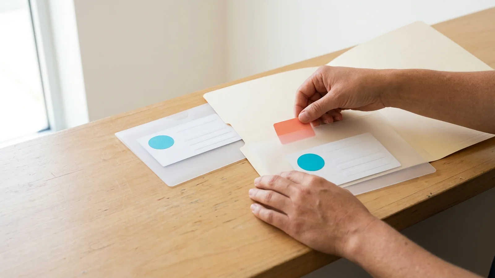 Hands hold a coral tab over a blank contact card in a folder, beside a matching card on a sunlit counter.