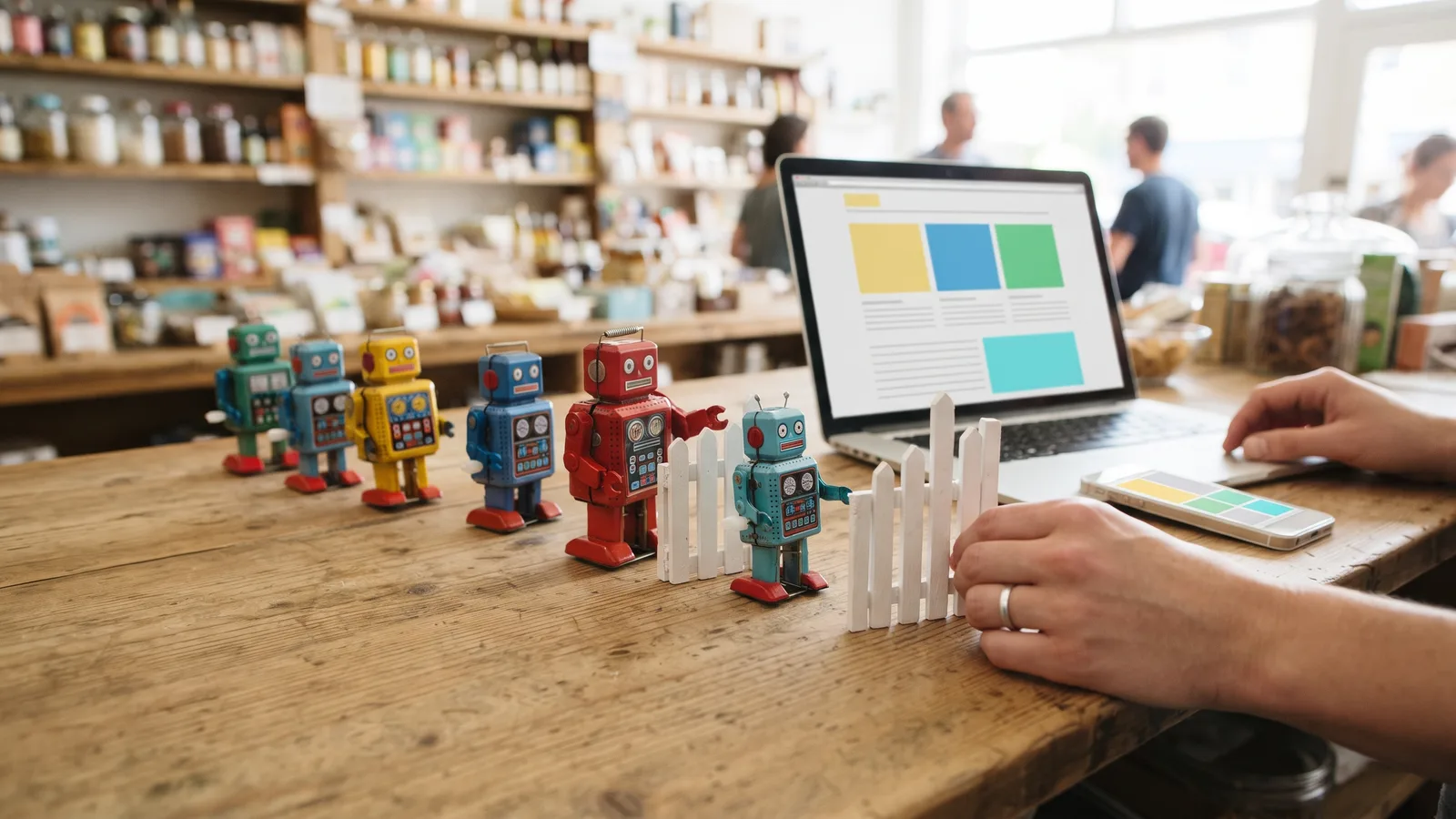 A hand holds a small white gate open on a shop counter for a cyan toy robot as other tin robots queue beside a laptop