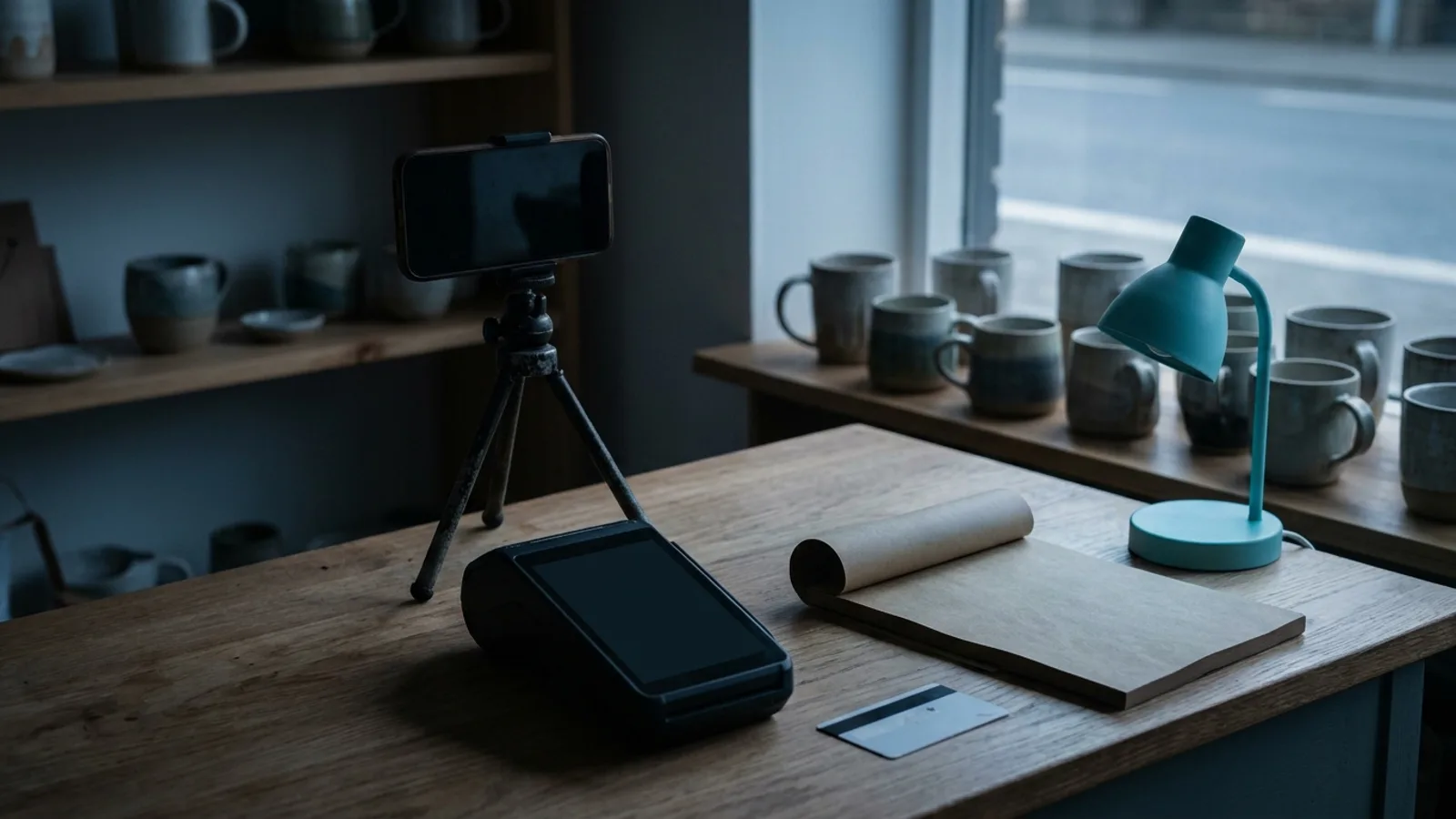 Documentary photograph of a ceramics shop counter in cool grey window light: an unbranded smartphone with a dark screen on a small tripod pointed at shelves of handmade mugs, a card-payment terminal with its screen off, a bank card face down, a blank notepad with its top sheet curled back, and a teal desk lamp that is switched off, with the empty street blurred outside the window