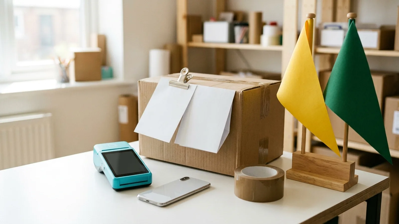 Documentary photograph of a white packing bench in the sunlit back room of a small online shop: a sealed cardboard parcel with two blank white sheets clipped to it, a cyan card payment terminal with a dark switched-off screen, an unbranded smartphone lying face down, a roll of brown packing tape, and a small wooden desk stand holding a yellow and a green pennant flag without any markings; shelves with boxes blurred behind, bright daylight from a window on the left