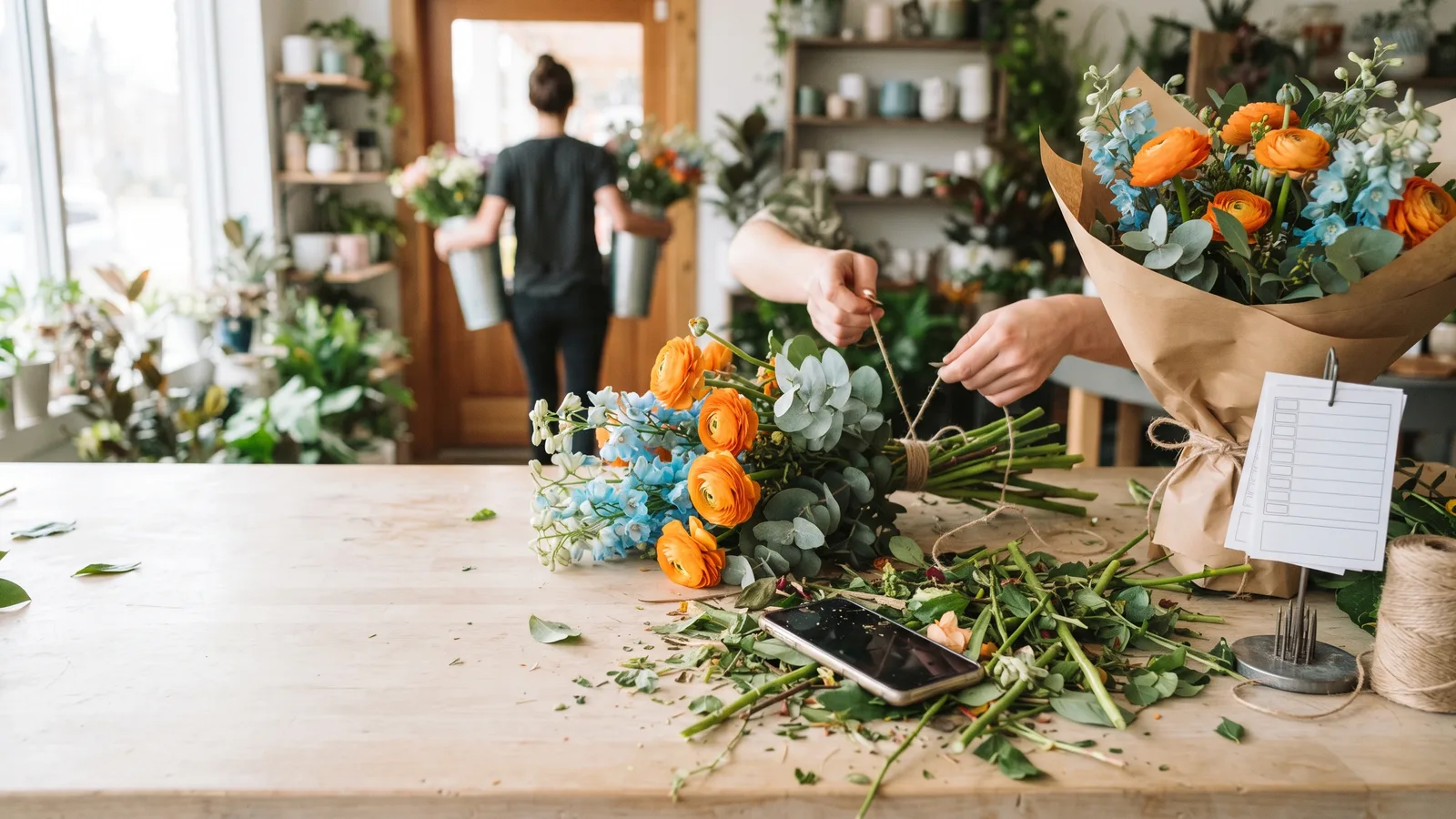 Redaktionellt foto av en solig blomsterbänk: händer binder en orange och blå bukett, en telefon ligger bortglömd bland avklippta stjälkar och en inslagen bukett väntar vid tomma orderlappar