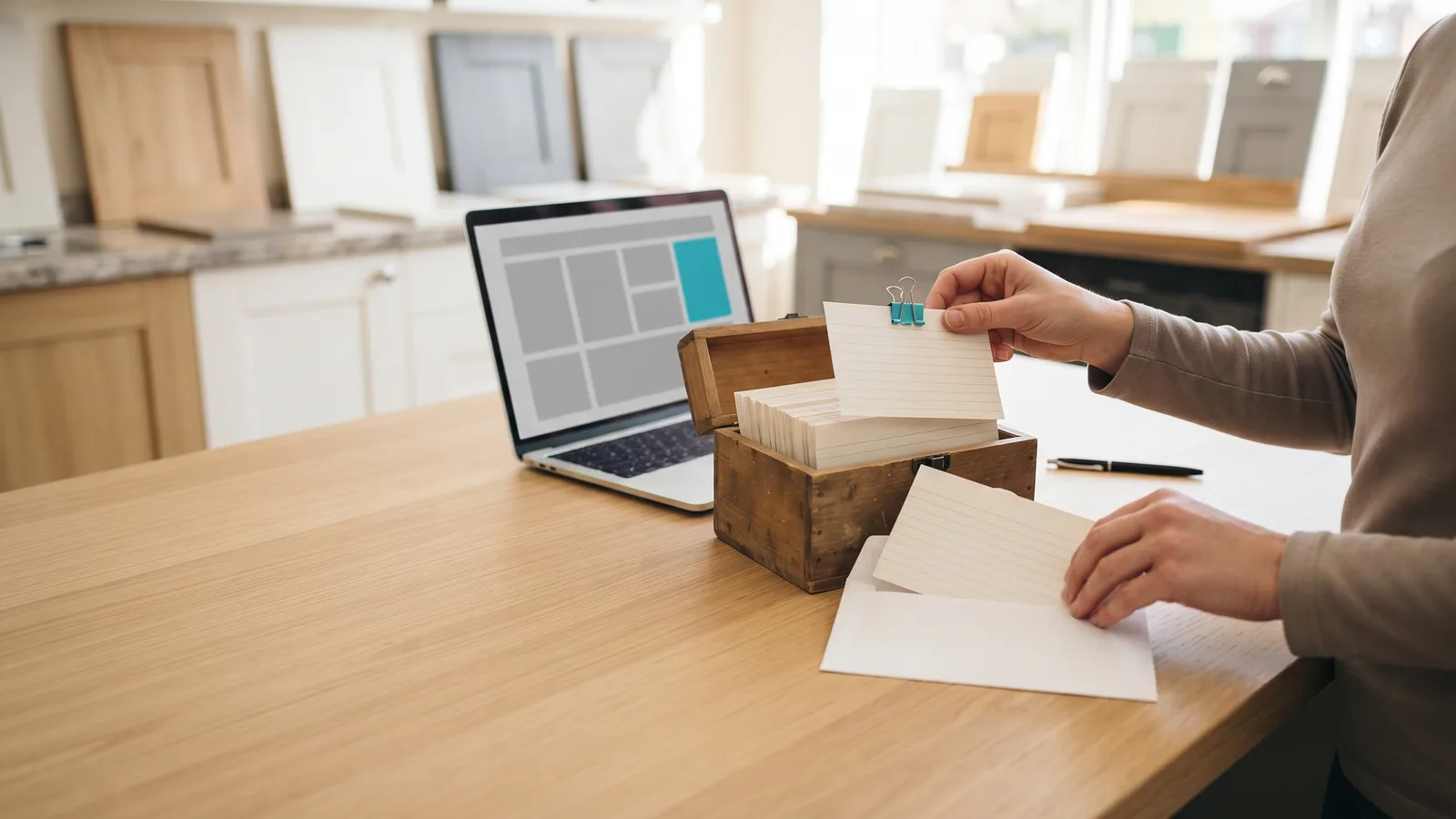 Hands lift a card with a cyan clip from a wooden card box toward an envelope beside a laptop in a kitchen showroom