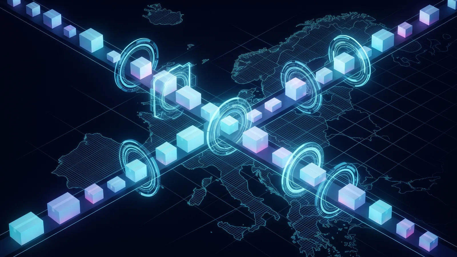 Abstract editorial illustration: parcel shapes moving through a glowing regulatory grid in dark ink blue with cyan accents