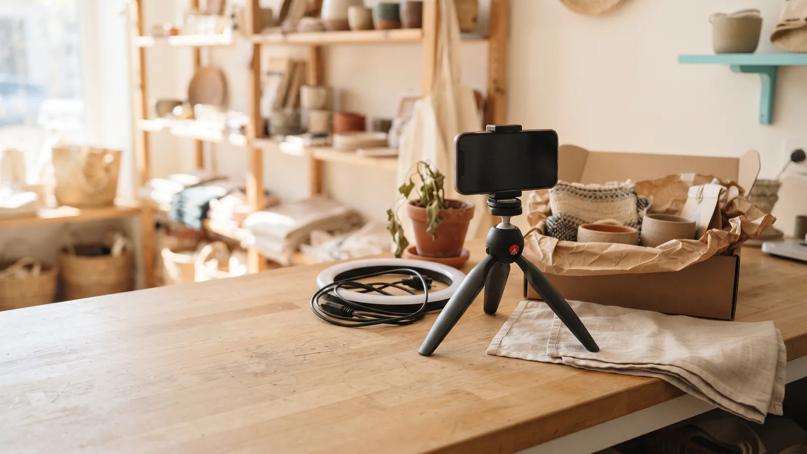 Dokumentarisk foto af en lys trædisk i en lille boligbutik i klart dagslys: en smartphone på et lille sort bordstativ med slukket skærm, en ringlampe der ligger fladt med ledningen rullet sammen, en visnende potteplante, en åbnet papkasse med nye keramikkopper og en flettet pude i brunt papir samt et sammenfoldet hørklæde; hylder med keramik og kurve sløret i baggrunden