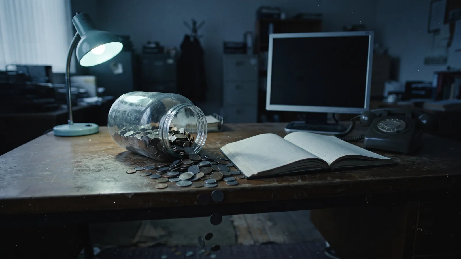 Documentary photograph of a dim back office: a large glass jar lies tipped over on a scratched wooden desk with coins pouring out across the surface and dropping off the edge to the floor, an appointment book lying open with blank pages beside it, a switched-off unbranded monitor and a rotary desk telephone behind, and a single desk lamp with a cool cyan glow lighting the coins from the left