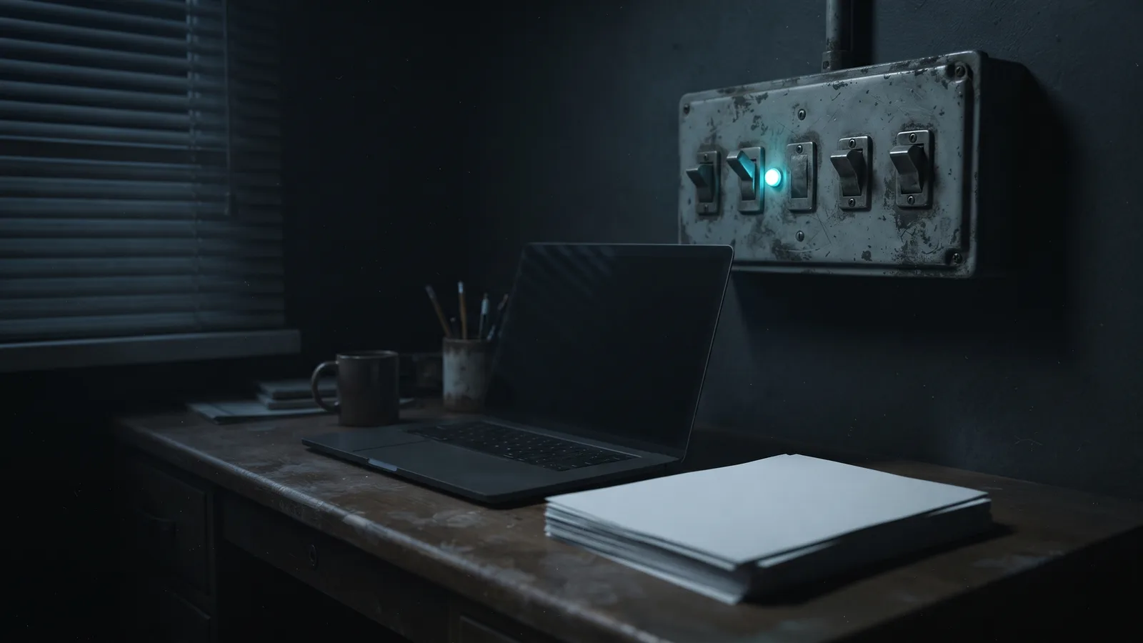 Documentary photograph of a home-office desk at night: an open unbranded laptop with a dark screen, a stack of blank paper, a mug and a pencil cup, and on the wall a worn metal panel of five toggle switches with a single cyan indicator lamp lit between them, window blinds drawn