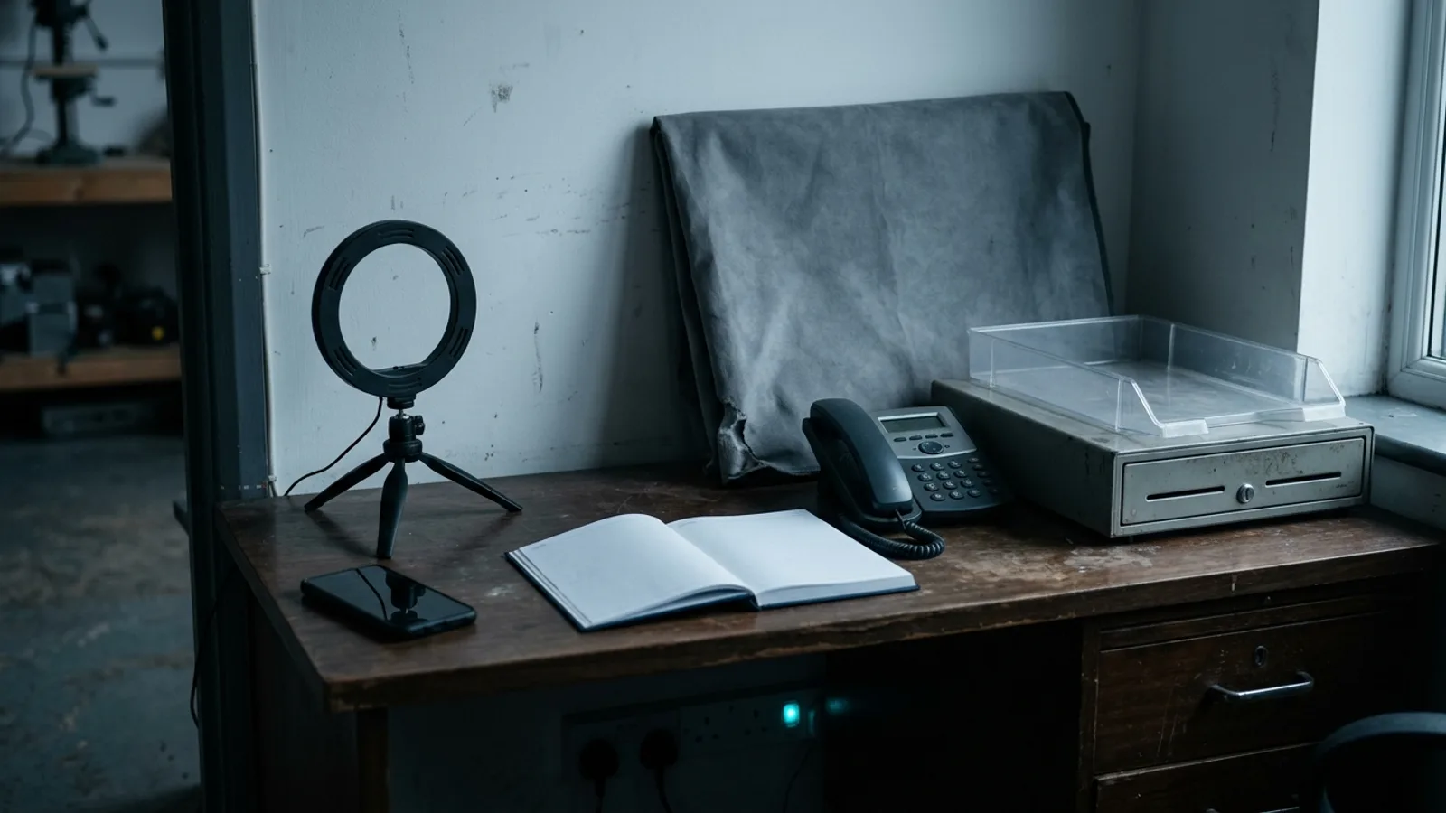 Documentary photograph of a worn wooden reception desk in a workshop in cool grey daylight: a small ring light on a tripod with a smartphone lying face down beneath it, an open appointment book with blank pages, a grey folded photo backdrop leaning against the wall, an unbranded desk phone, and an empty clear plastic in-tray on top of a metal cash drawer by the window