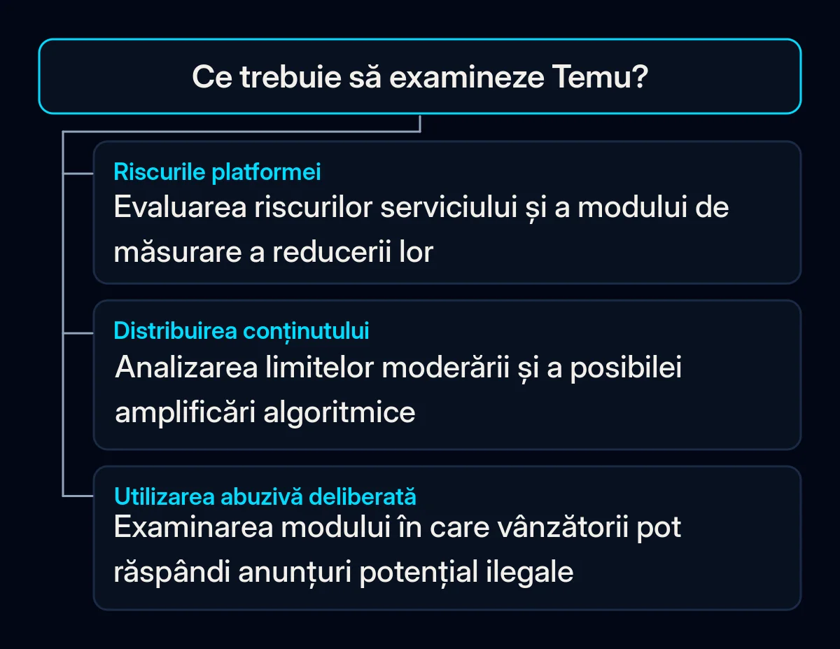 Planul acceptat al Temu grupează riscurile platformei, controlul conținutului și utilizarea abuzivă deliberată de către vânzători.