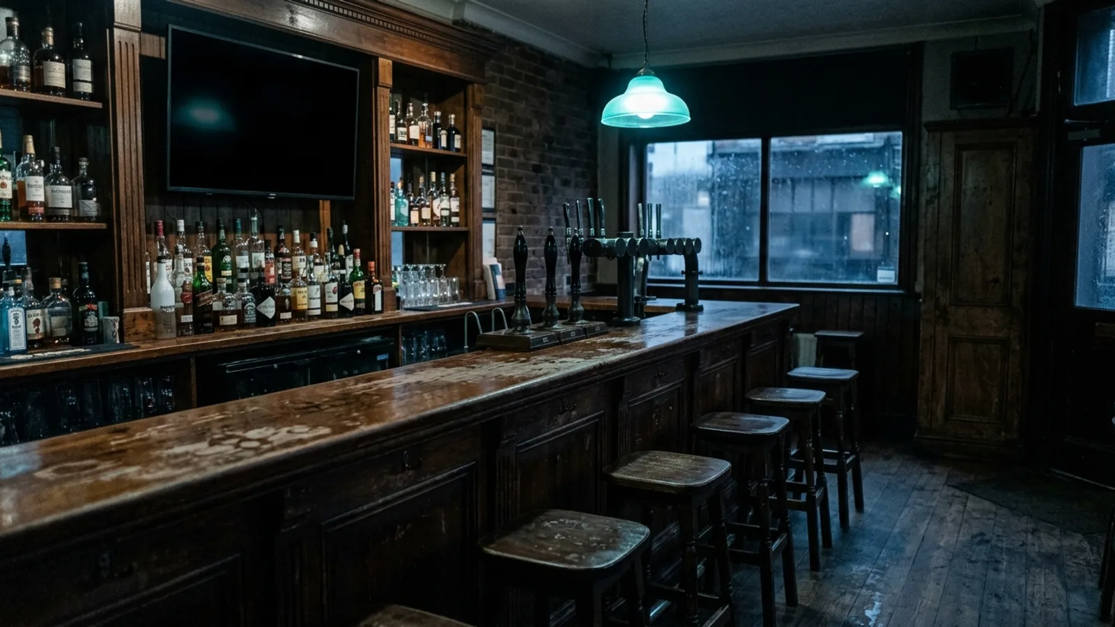 Documentary photograph of a quiet pub interior at dusk with a wall-mounted screen switched off, a cool blue-grey palette and one cyan pendant lamp lighting the bar
