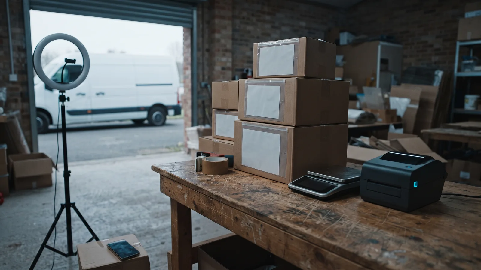 Documentary photograph of a small online-shop packing room in a brick unit: sealed brown cardboard parcels with blank white labels stacked on a scratched wooden bench next to a roll of tape, a hand parcel scale and a black label printer with a small cyan light, an unlit ring light on a tripod and a smartphone lying face down on a box, an open roller door with a plain white van outside in grey daylight