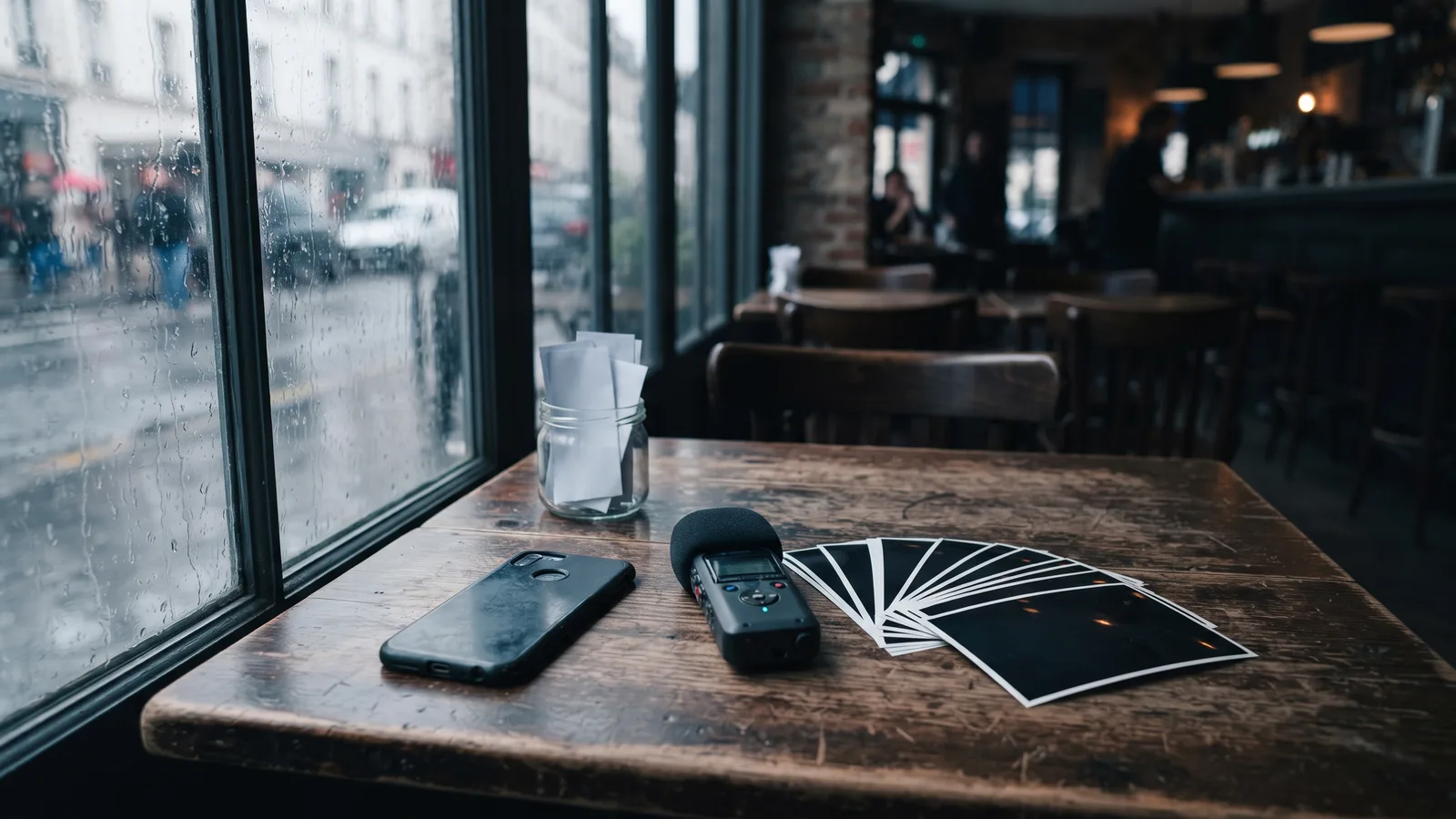 Documentary photograph of a worn café table by a rain-streaked window: a smartphone face down, a handheld voice recorder with a foam microphone, a fan of photo prints turned face down and a glass jar of folded paper slips, with blurred figures at the bar far in the background