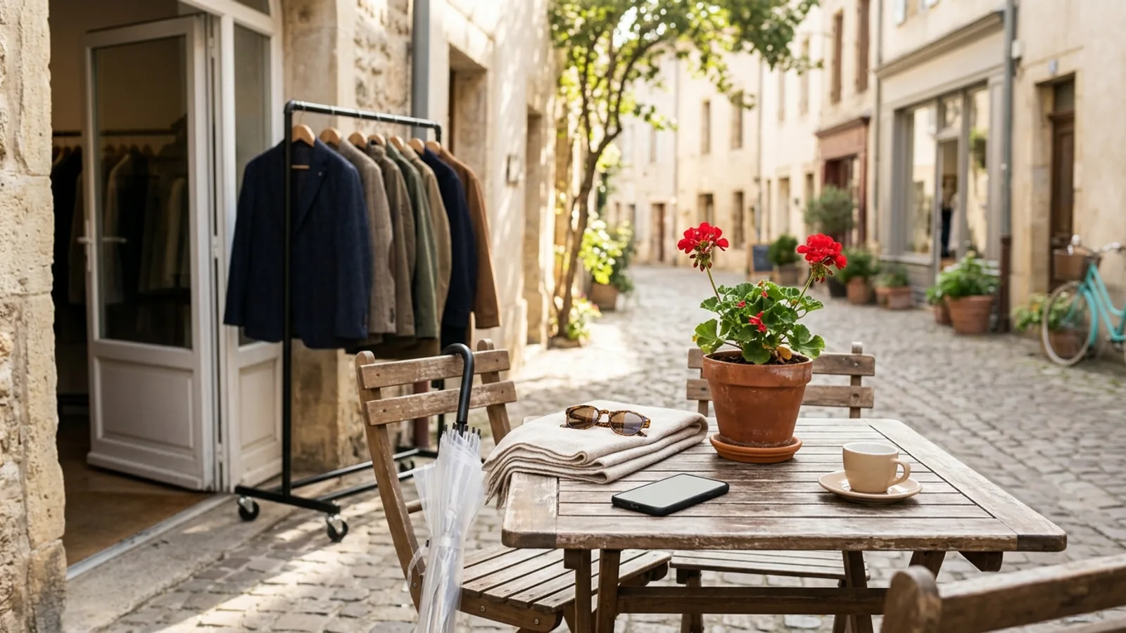 Dokumentärt fotografi av ett solbelyst cafébord utanför en liten klädbutik på en kullerstensgata i Europa: ett hopfällt genomskinligt paraply hängt på stolen, en beige ullhalsduk med solglasögon ovanpå, en omärkt smartphone med tom skärm, en röd pelargon i terrakottakruka och en kaffekopp, med en ställning höstjackor i den öppna dörren och en turkos cykel suddig i bakgrunden