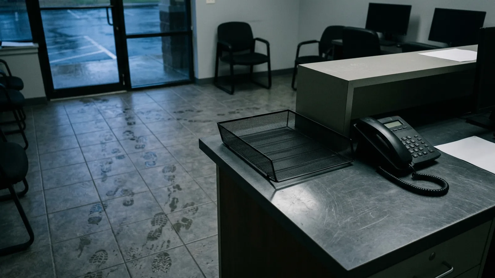 Documentary photograph of a small office reception at dusk: wet shoe prints crossing the tiled floor from the glass door, an empty wire inbox tray and a silent telephone on the counter, the visitor chairs unoccupied