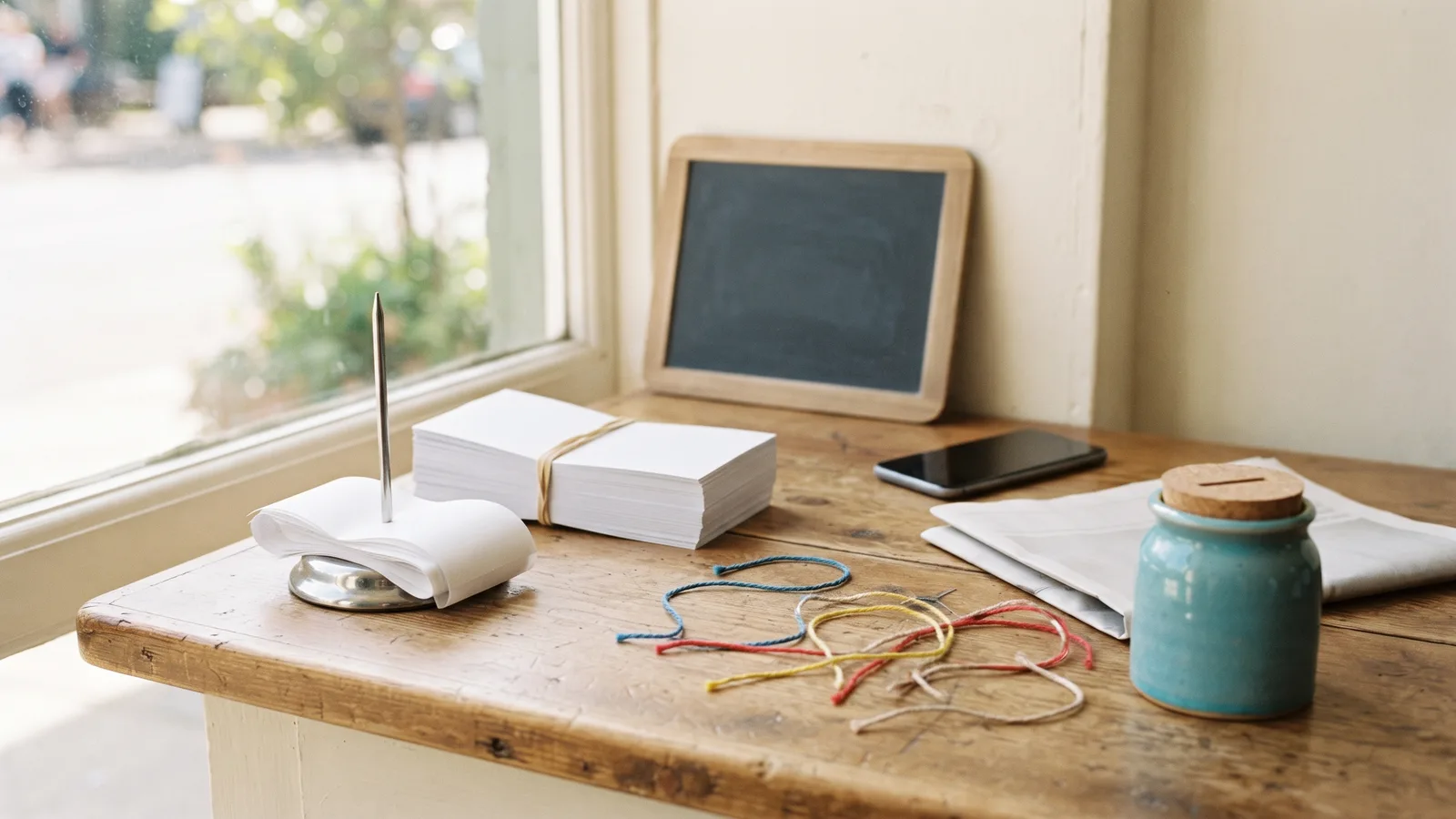 Documentary photograph of a worn wooden shop counter by a sunlit window: a metal receipt spike holding blank paper receipts, a thick stack of blank white flyers bound with a rubber band, a small blank chalkboard in a wooden frame leaning against the wall, an unbranded smartphone with its screen off, a folded blank newspaper and a cyan ceramic money jar with a cork lid; loose lengths of coloured string lie tangled on the counter between the items; bright daylight, the street blurred outside