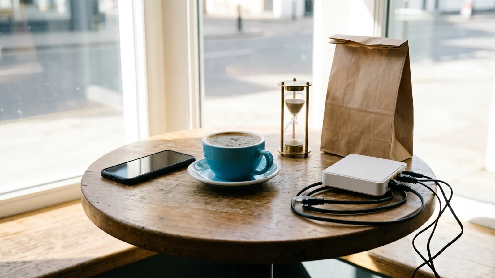 Dokumentarisk fotografi af et rundt cafébord af træ ved et solbeskinnet vindue: en smartphone uden logo med mørk, slukket skærm, en cyanfarvet kop kaffe på en underkop, et lille timeglas i messing, hvor sandet stadig løber, en foldet brun papirpose til takeaway og en hvid wifi-router med et snoet sort kabel ved bordets kant; klart morgenlys, gaden sløret udenfor