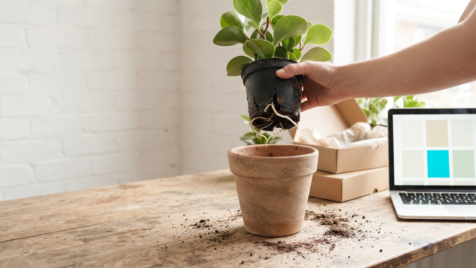 A hand lifts a plant with roots breaking out of its small pot above a bigger clay pot, beside parcels and a laptop