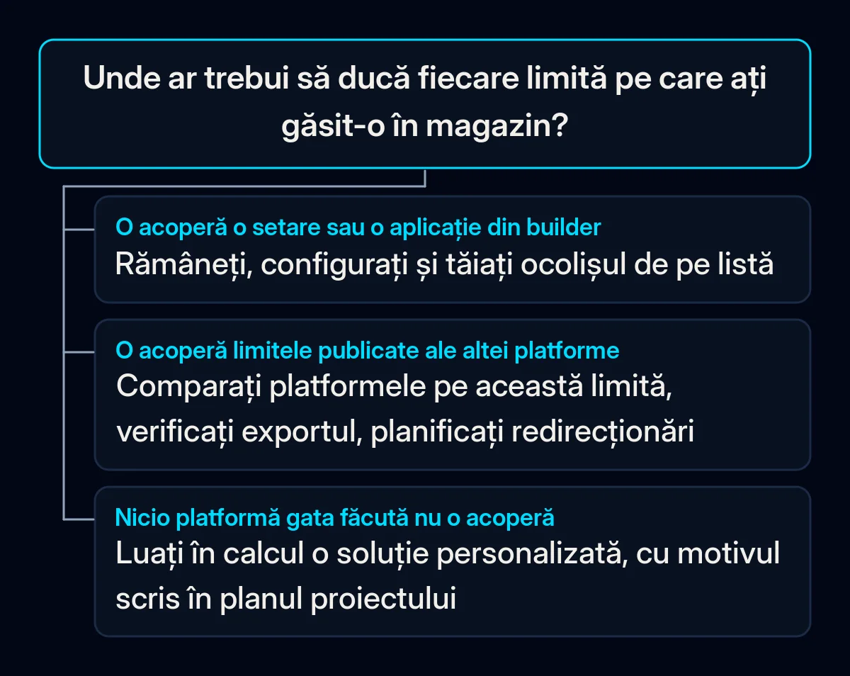 Arbore de decizie pentru fiecare limită din magazin: o acoperă o setare sau o aplicație, deci rămâneți și configurați; o acoperă altă platformă, deci comparați și planificați mutarea; nicio platformă gata făcută, deci o soluție personalizată