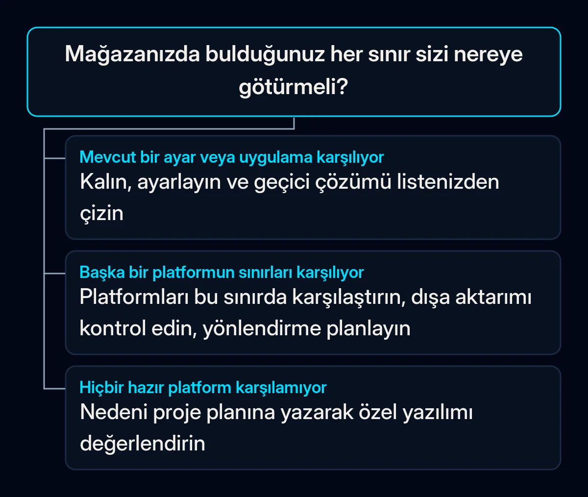 Mağazada bulunan her sınır için karar ağacı: bir ayar veya uygulama karşılıyorsa kalın ve ayarlayın; başka bir platform karşılıyorsa karşılaştırın ve geçişi planlayın; hiçbir hazır platform karşılamıyorsa özel yazılımı değerlendirin