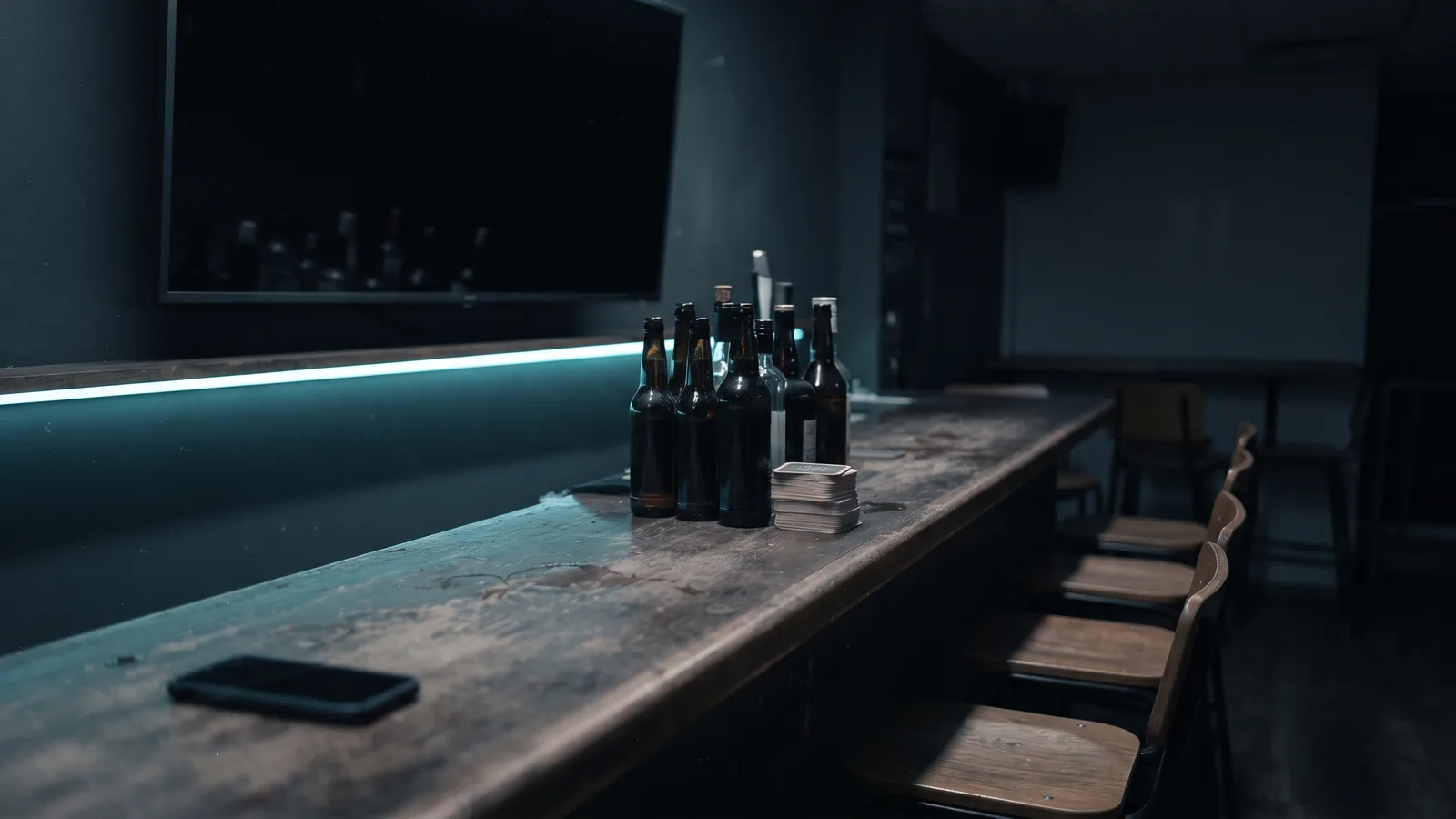 Documentary photograph of an empty bar after closing: a cluster of unlabelled dark glass bottles and a stack of plain coasters on a worn wooden counter beneath a wall-mounted television that is switched off and faintly reflects the bottles, a thin cyan LED strip glowing along the back-bar shelf, an unbranded smartphone lying face down on the bar top and empty stools tucked along the counter