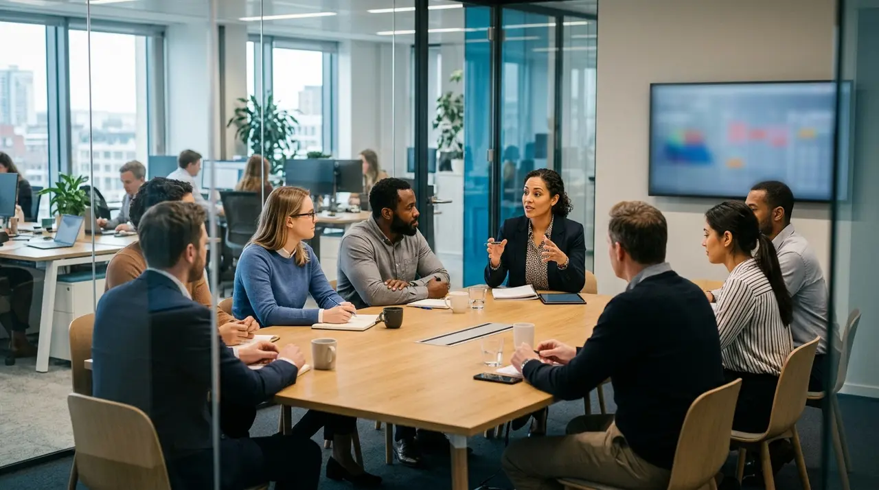 Team discussion in a glass meeting room