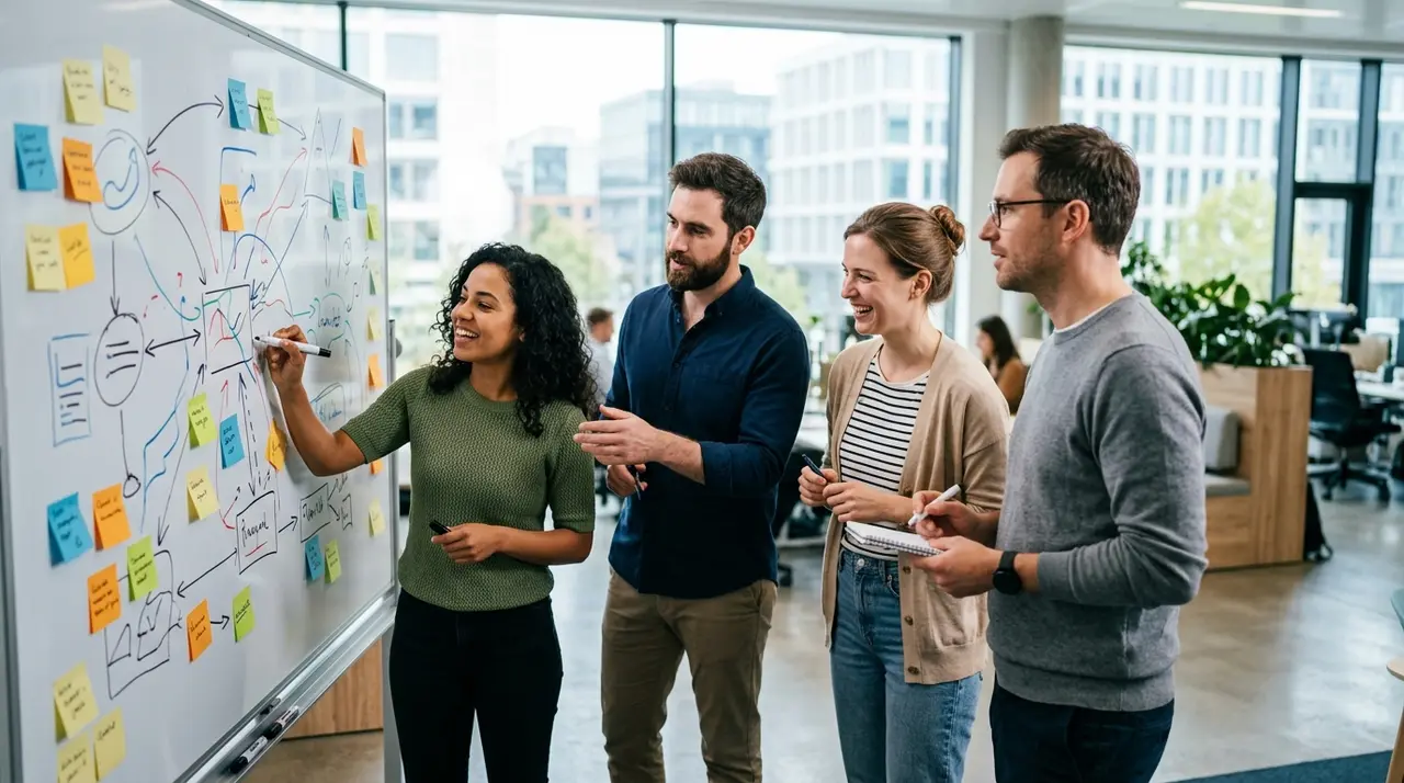 Marketing team in a strategy session at a whiteboard