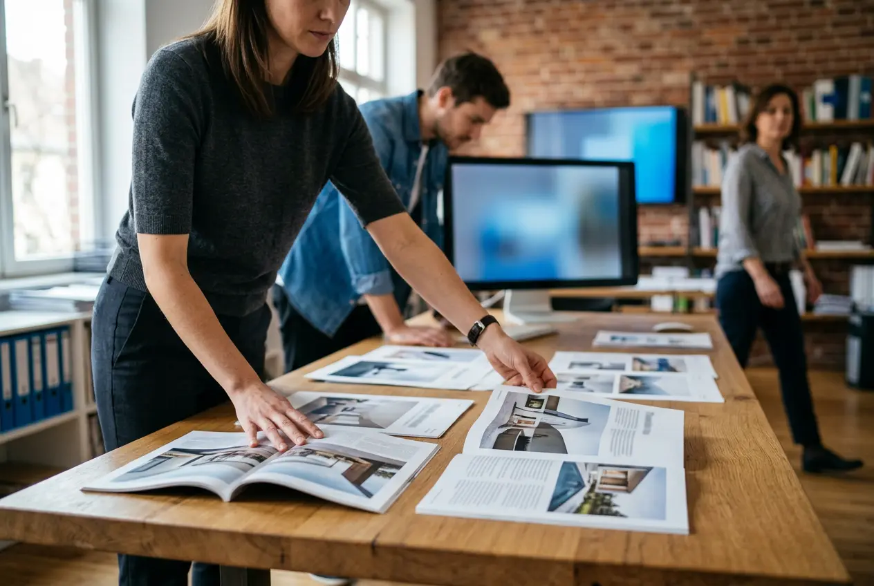 Art director reviewing printed magazine layouts