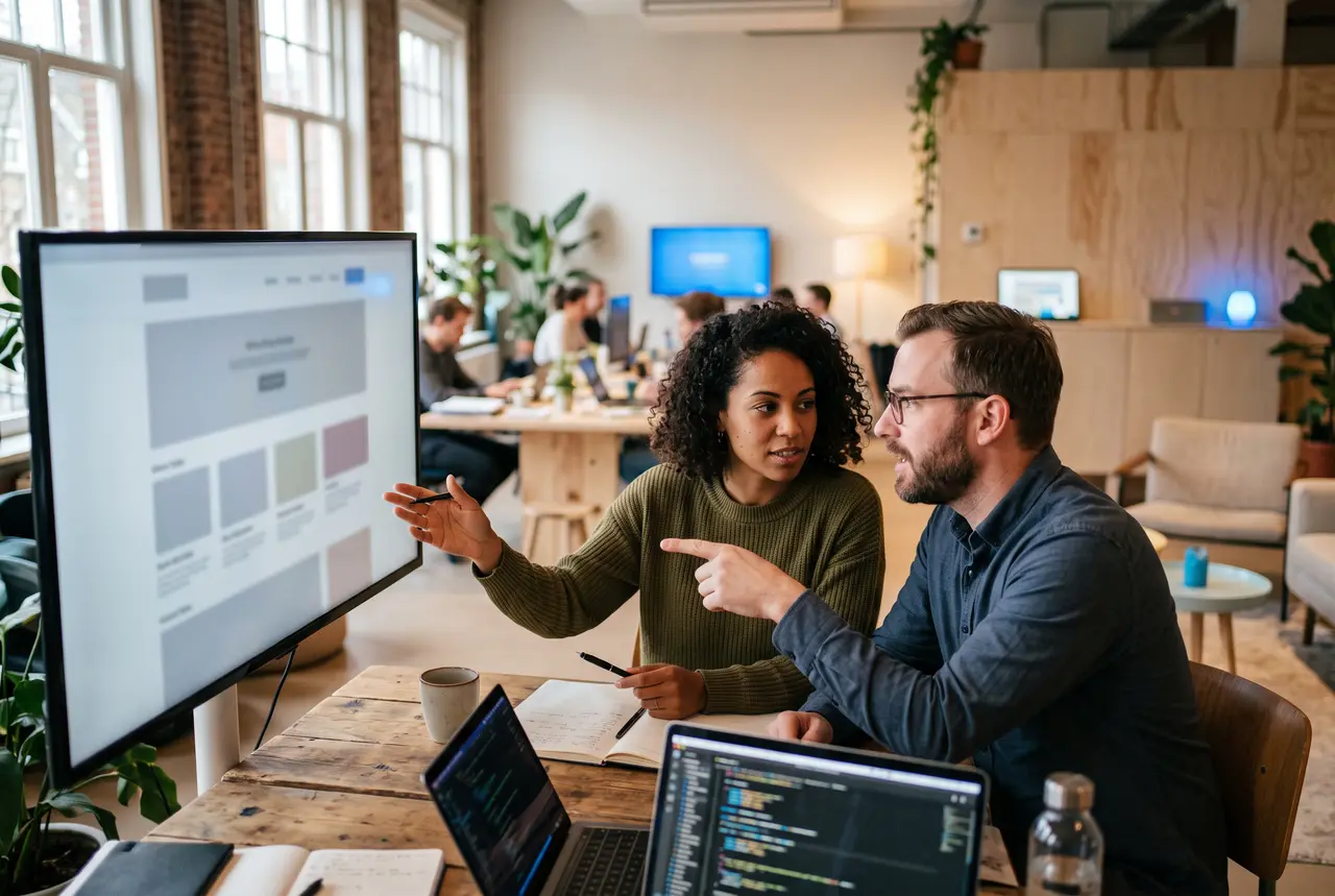 Developer and designer working on a website layout