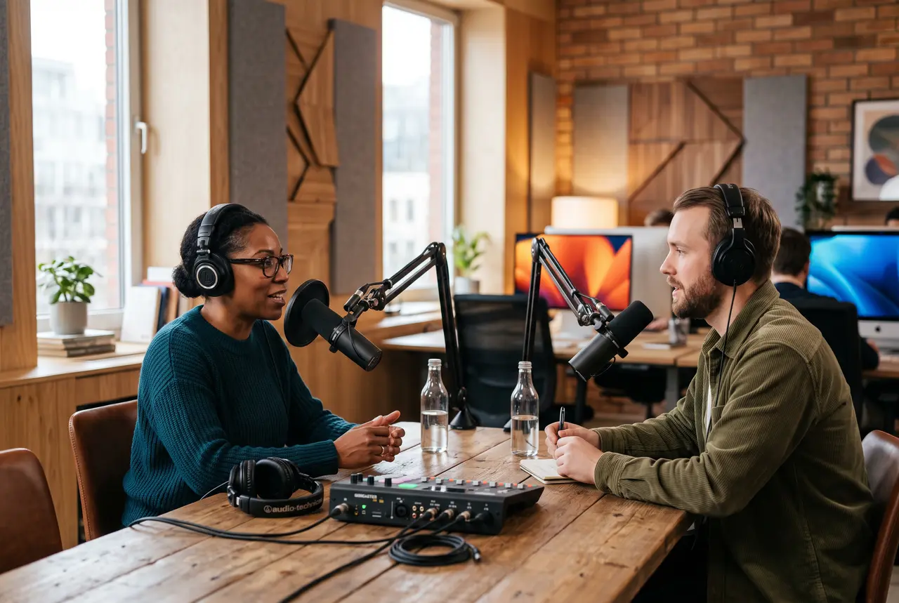 Two people recording a podcast in a studio